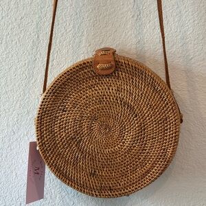 Round Woven Tan Crossbody Bag